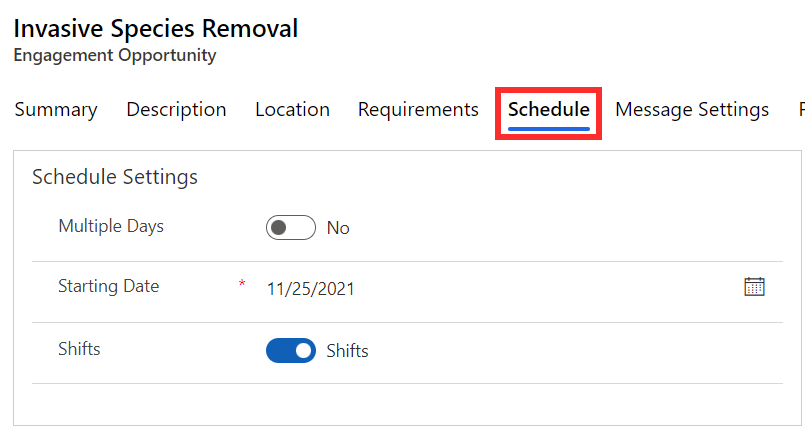 Screenshot example of the schedule tab.