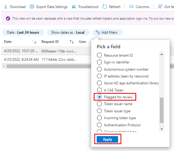 لقطة شاشة لعامل تصفية اختيار حقل مربع حوار.
