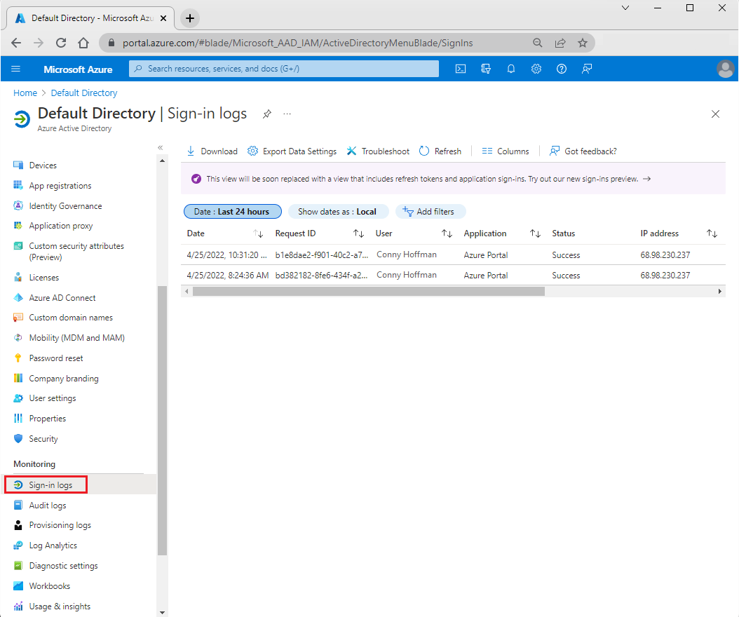 لقطة شاشة تعرض أعمدة الجدول الافتراضية في سجلات تسجيل الدخول.