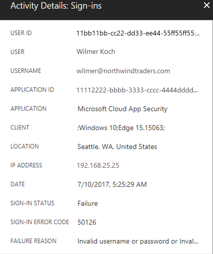 لقطة شاشة لجزء التفاصيل الخاص بفشل تسجيل الدخول مع تمييز رمز الخطأ وسبب الفشل.