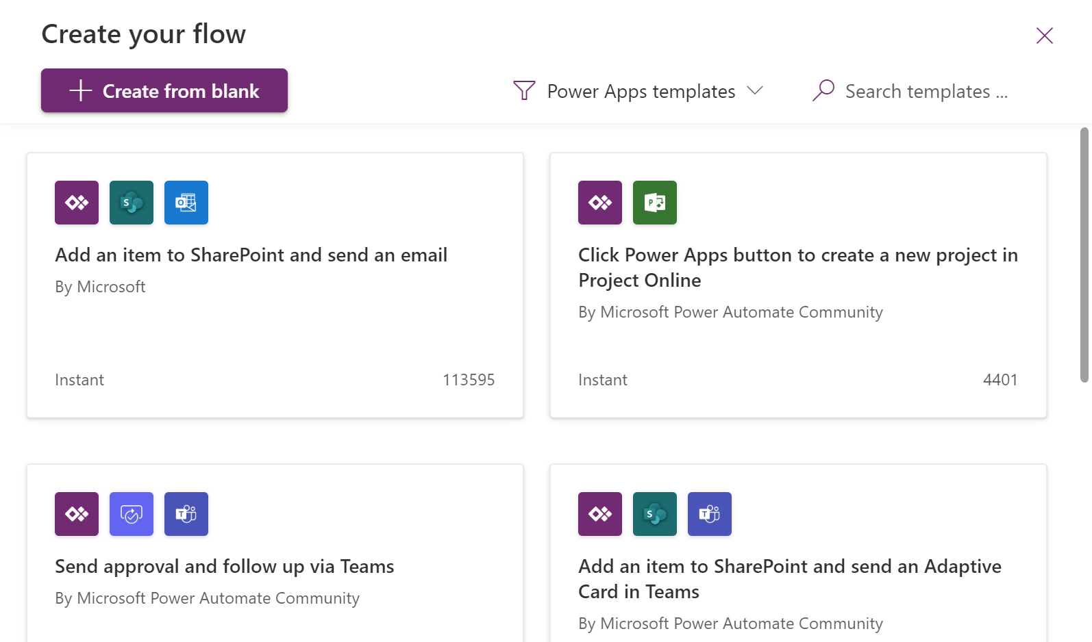 لقطة شاشة لنتائج البحث عن الزر PowerApps.