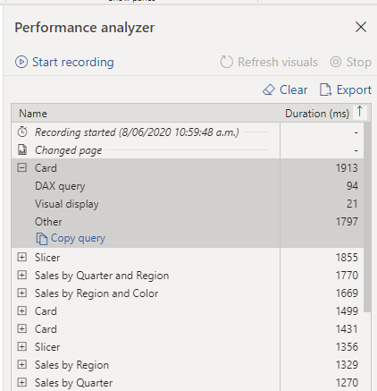 لقطة شاشة للفئات في نتائج performance analyzer