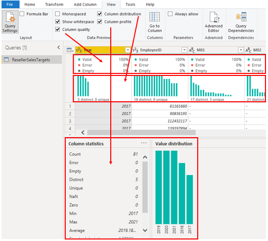 لقطة شاشة لخيارات ملف تعريف العمود.