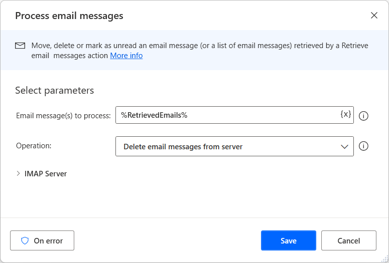 لقطة شاشة لإجراء عملية معالجة رسائل البريد الإلكتروني.