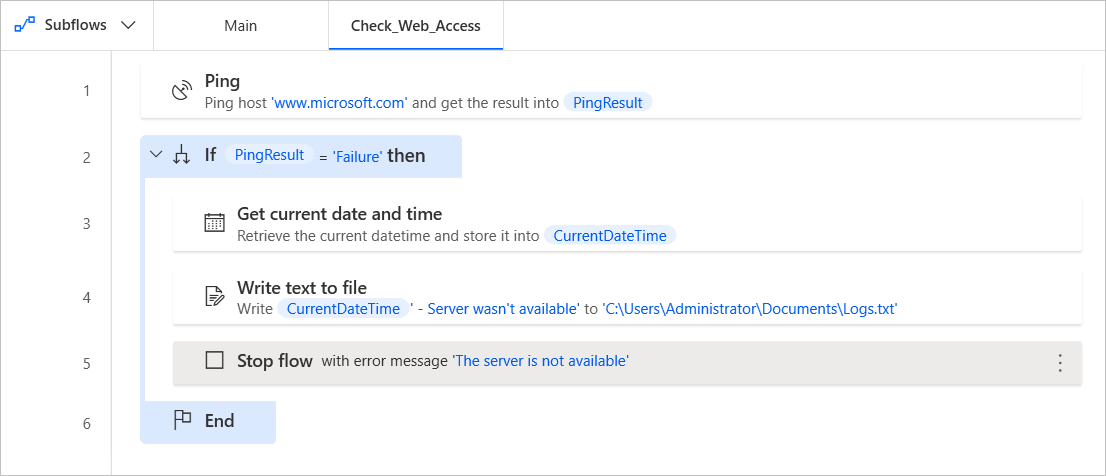 لقطة شاشة للإجراءات الاختيارية في التدفق الفرعي Check_Web_Access.