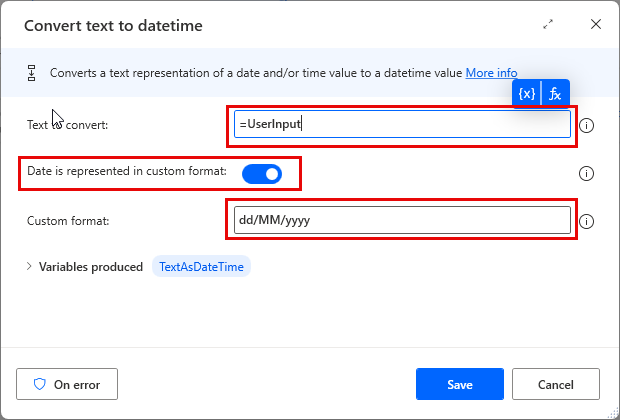 لَقطَة شَاشة لإجرَاء تحويل النص إلى التَاريخ والوقت.
