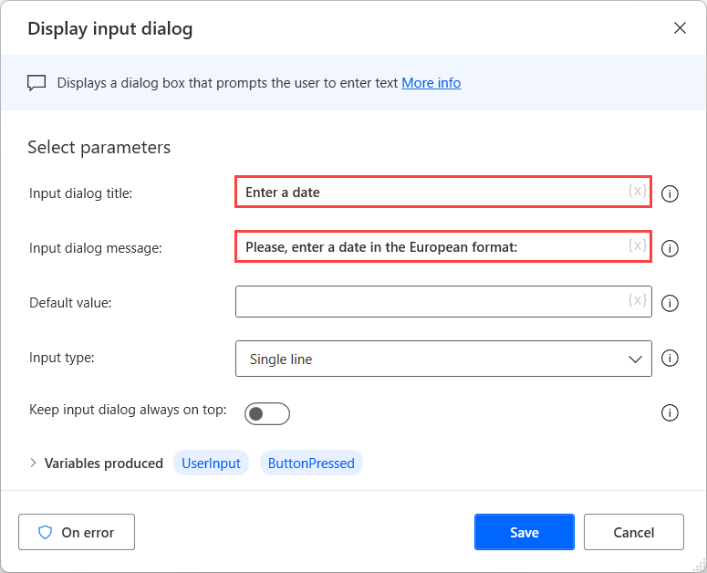 لَقطَة شَاشة للإجرَاء عرض مربع حوار الإدخَال.