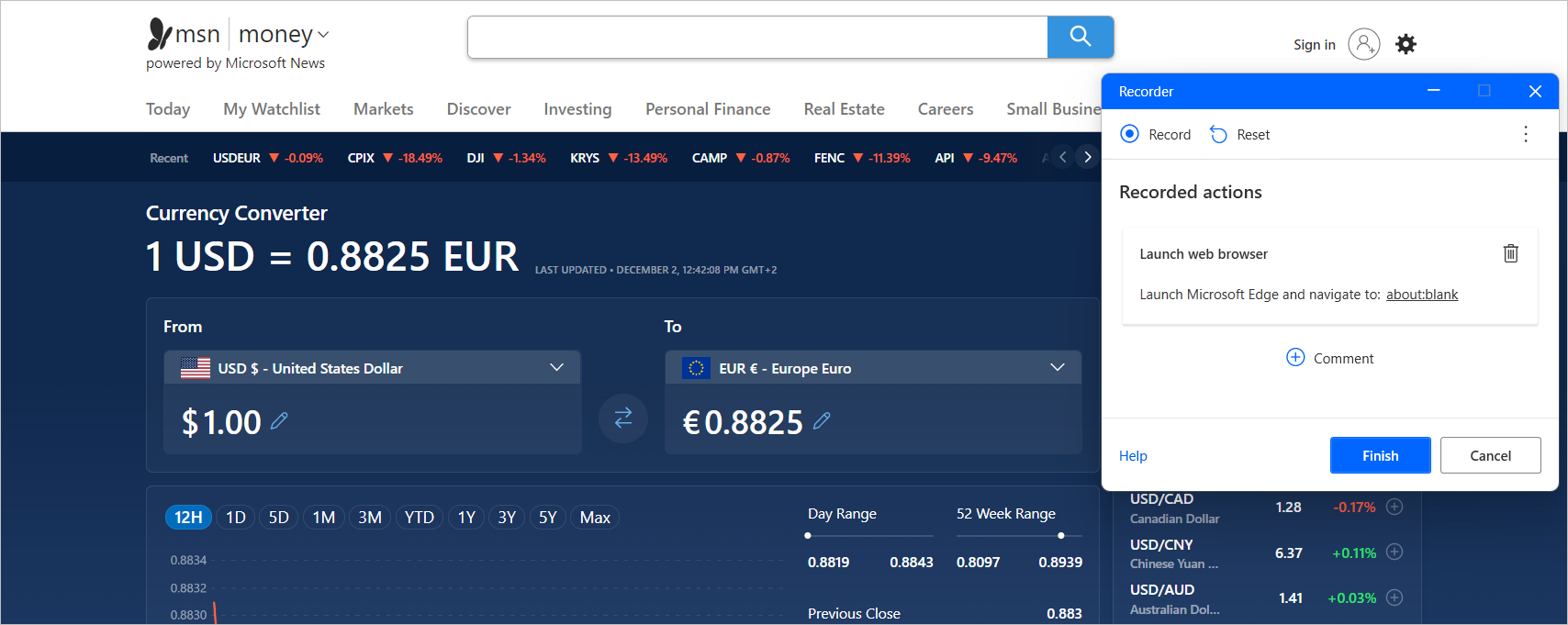 لقطة شاشة لصفحة تحويل العملات MSN.