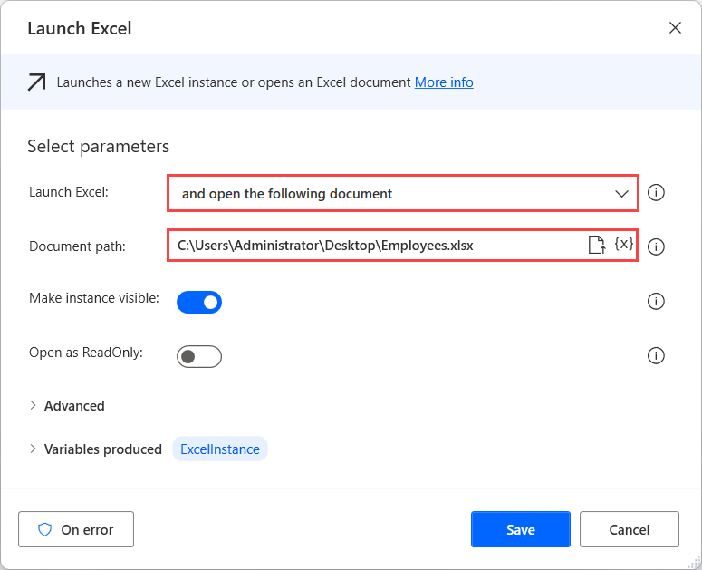 لقطة شاشة لإجراء تشغيل Excel فِي Power Automate لسطح المكتب.