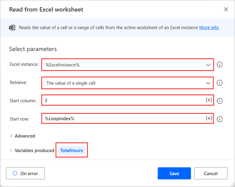 لقطة شاشة لإجراء ‏‫قراءة مِن ورقة عمل Excel‬ فِي Power Automate لسطح المكتب.
