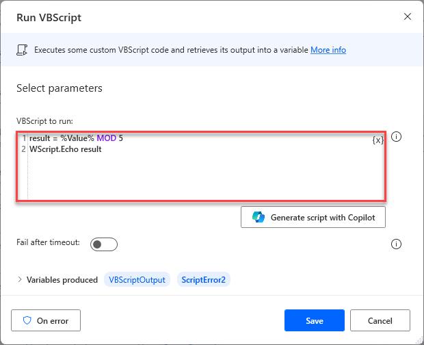 لقطة شاشة لإجراء تشغيل VBScript.
