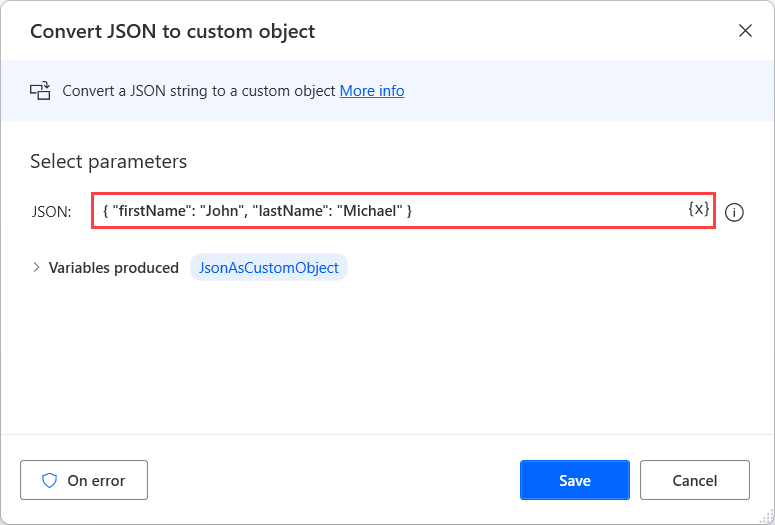 لقطة شاشة لكتلة JSON كمعلمة في إجراء تحويل JSON إلى كائن مخصص.