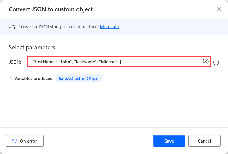 لقطة شاشة لكتلة JSON كمعلمة في إجراء تحويل JSON إلى كائن مخصص. 