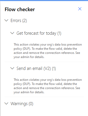 لقطة شاشة لمدقق التدفق تعرض خطأين ولا توجد تحذيرات.