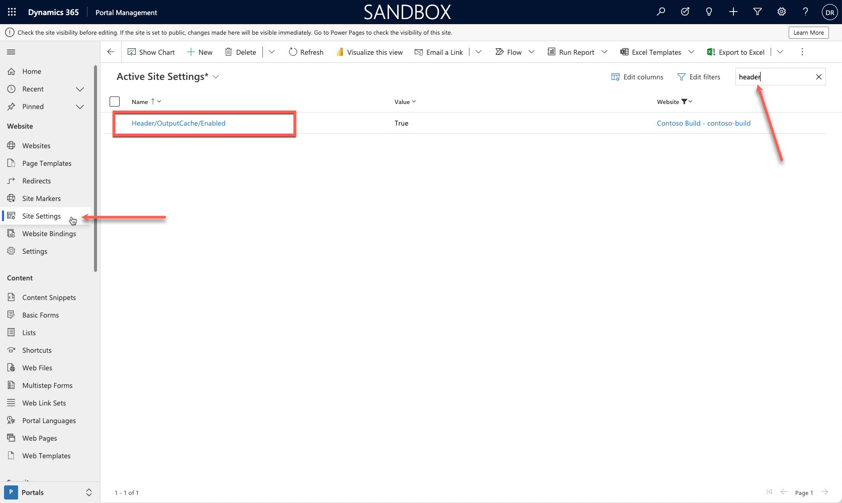 لقطة شاشة لتطبيق إدارة المدخل مع تحديد إعداد الموقع، وتحديد إعداد Header OutputCache Enabled.