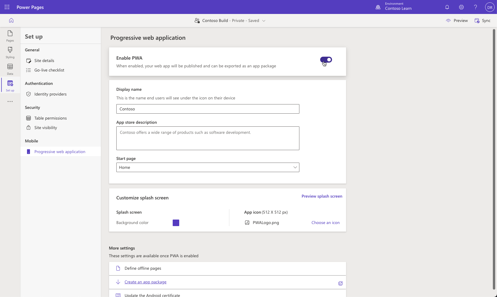 لقطة شاشة لإعداد تطبيق Progressive Web App فِي استوديو تصميم Power Pages.