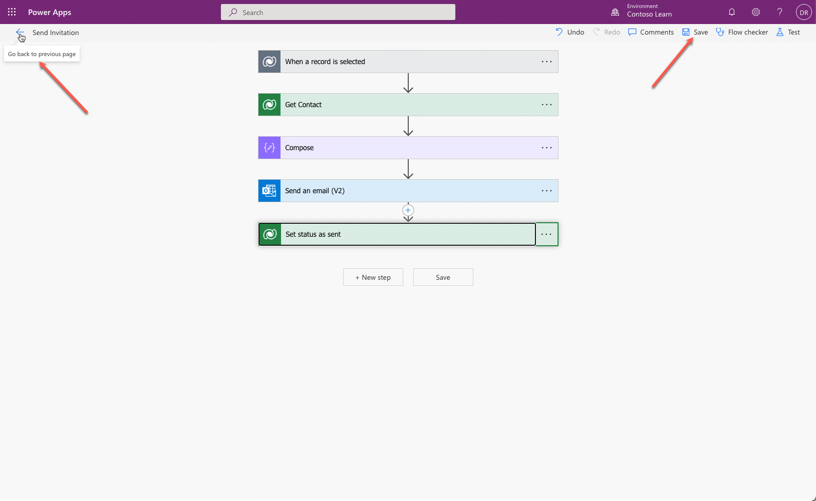 لقطة شاشة لخطوة محرر تدفق الحفظ والخروج.