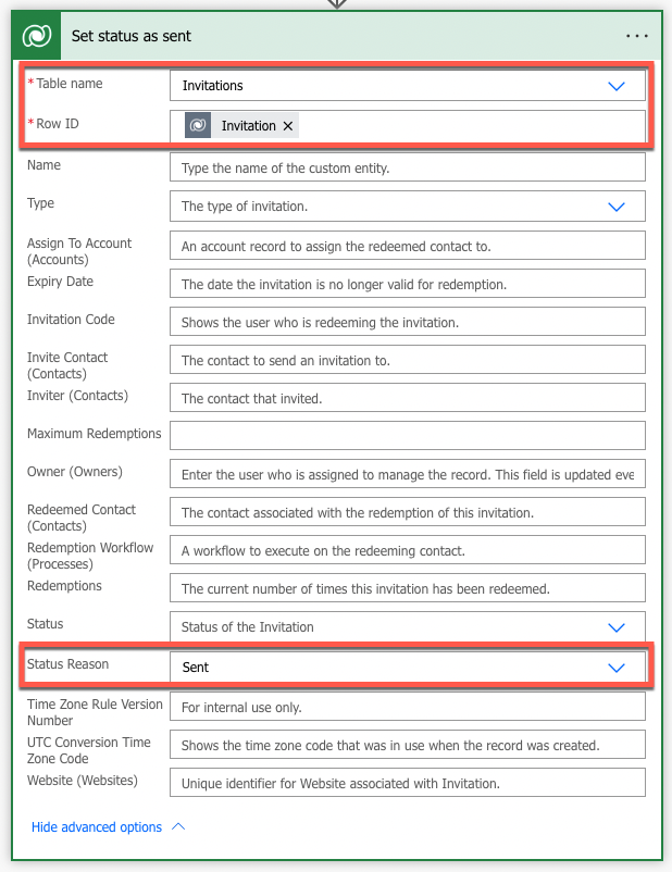 لقطة شاشة لتعيين سبب الحالة للدعوة.