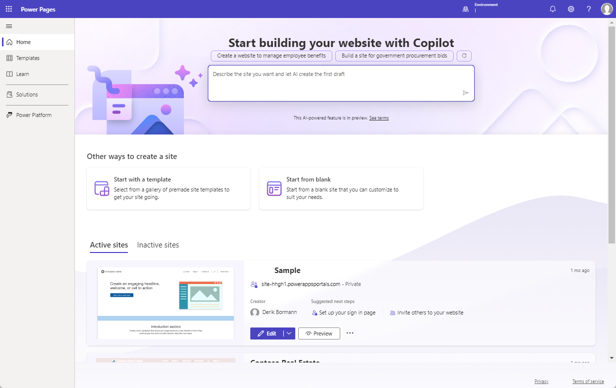 لقطة شاشة ل Power Pages Home.