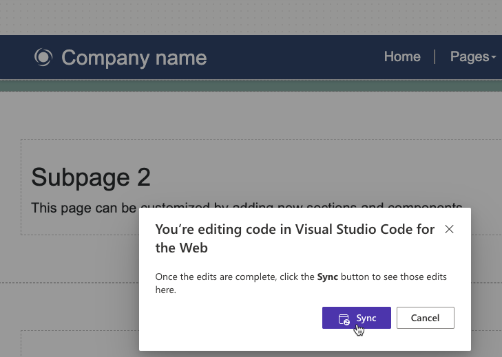 لقطة شاشة لمطالبة بمزامنة محتوى الصفحة بعد اكتمال التحرير في تعليمة Visual Studio برمجية للويب