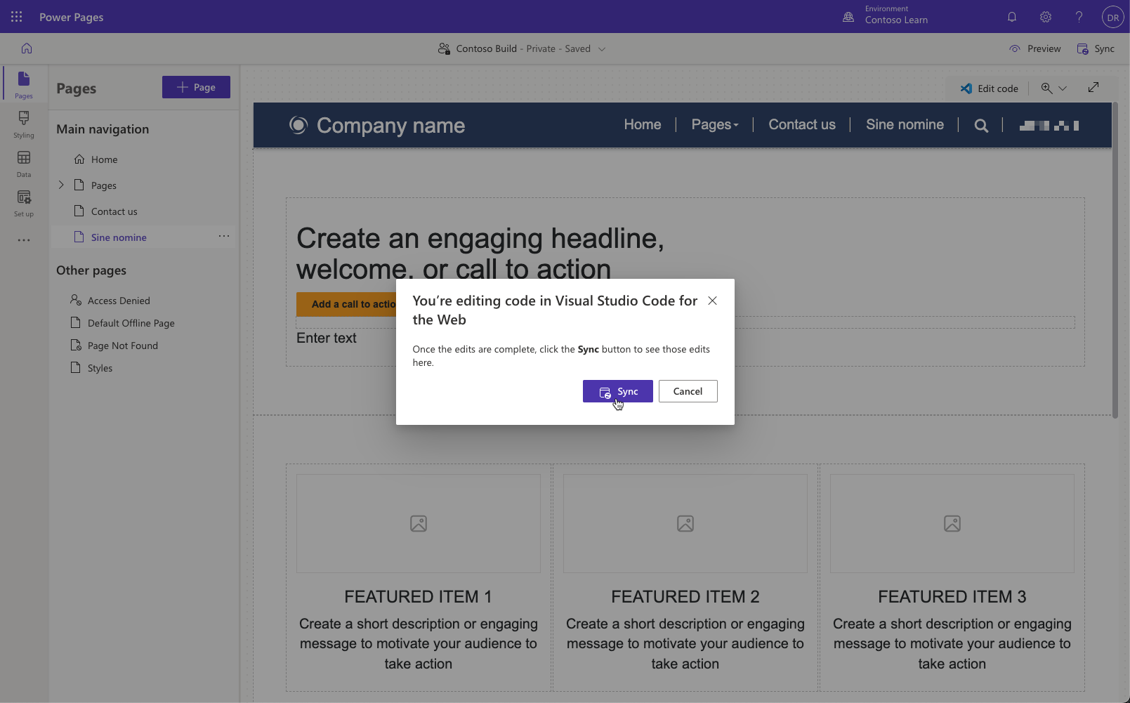 لقطة شاشة لمطالبة مربع حوار لمزامنة محتوى الصفحة بين تعليمة Visual Studio برمجية لمحرر الويب ولوحة تصميم studio.
