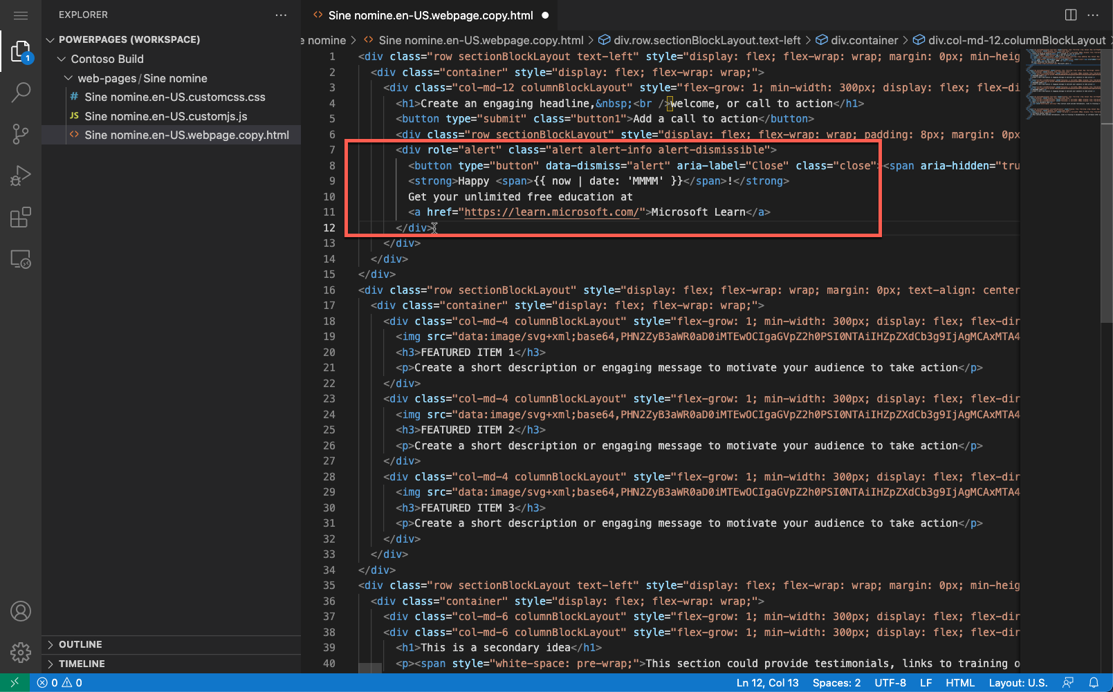 لقطة شاشة لمحتوى الصفحة المفتوح في تعليمة Visual Studio برمجية لمحرر الويب مع تمييز محتوى جديد.
