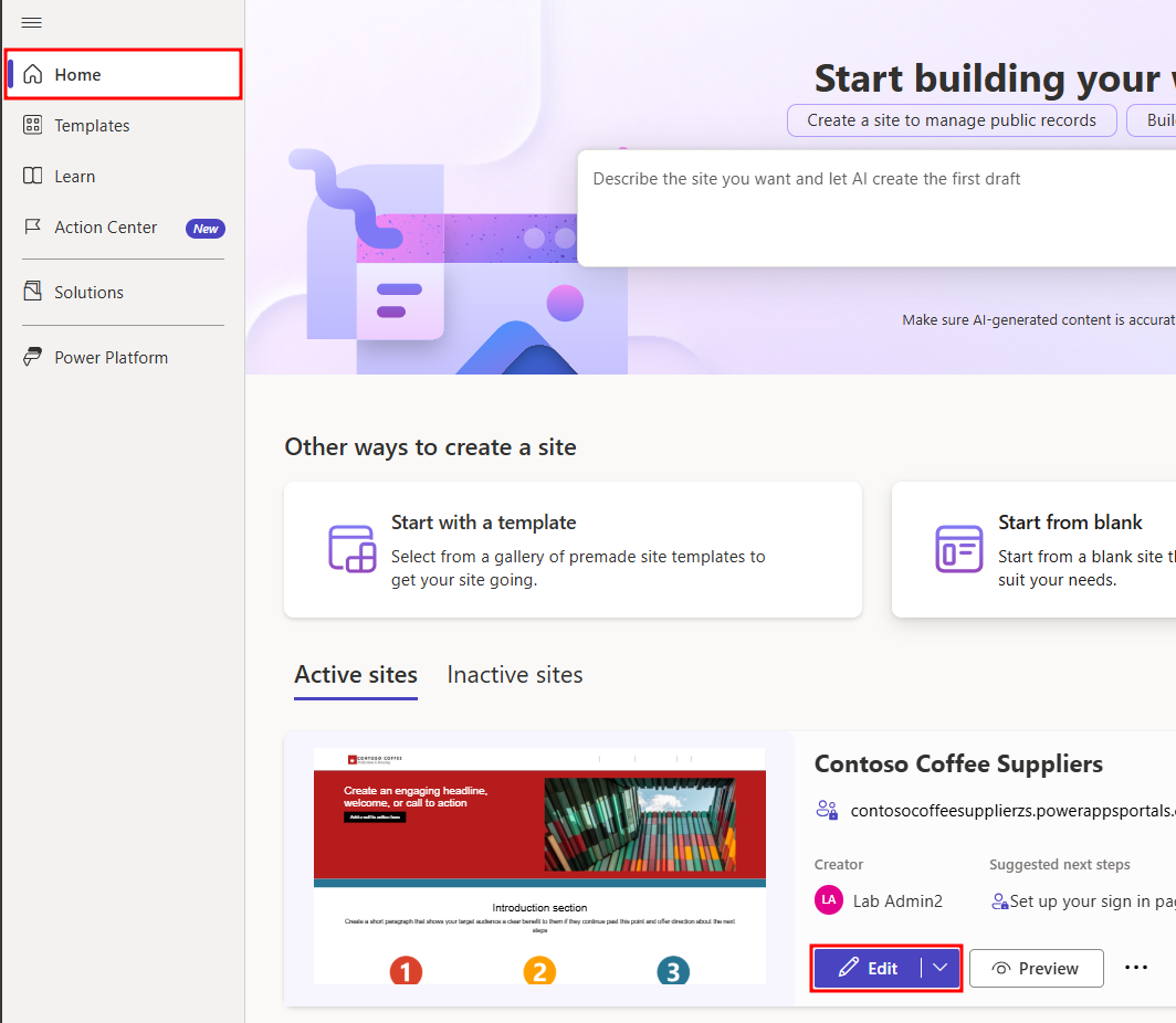 لَقطَة شَاشة لزر التحرير لموقع نشط.