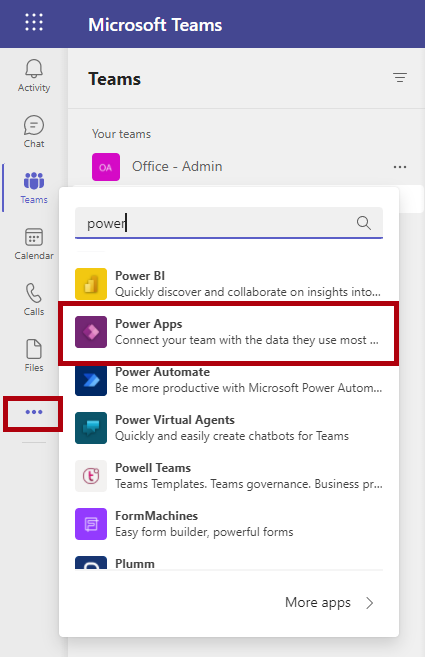 لقطة شاشة للوصول إلى Power Apps في Microsoft Teams.
