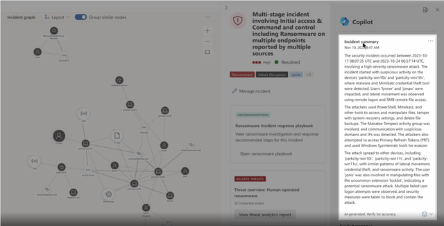 لقطة شاشة ل Microsoft Security Copilot في Microsoft Defender XDR الذي ينشئ ملخص حادث.