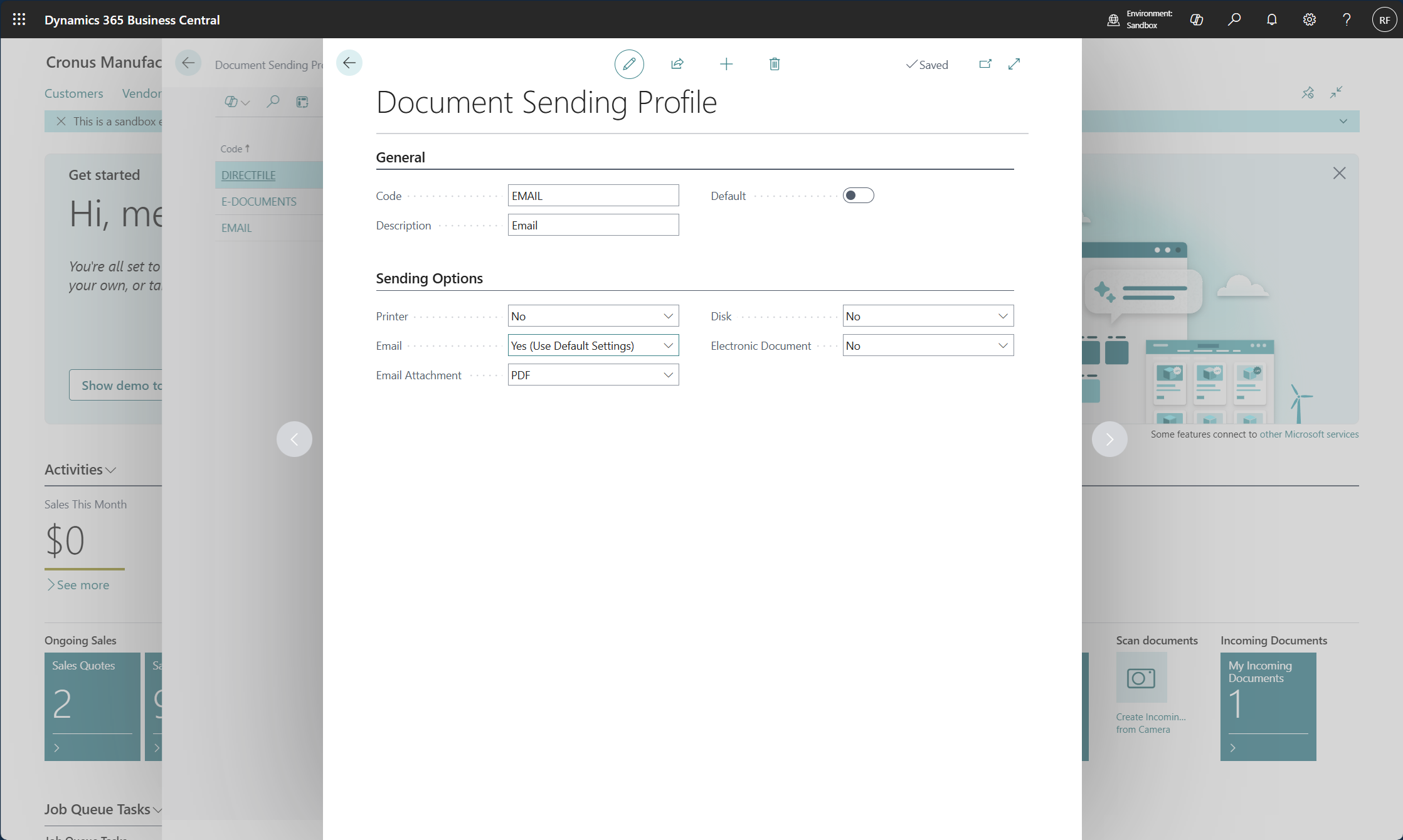 Screenshot of the Document Sending Profile dialog box.