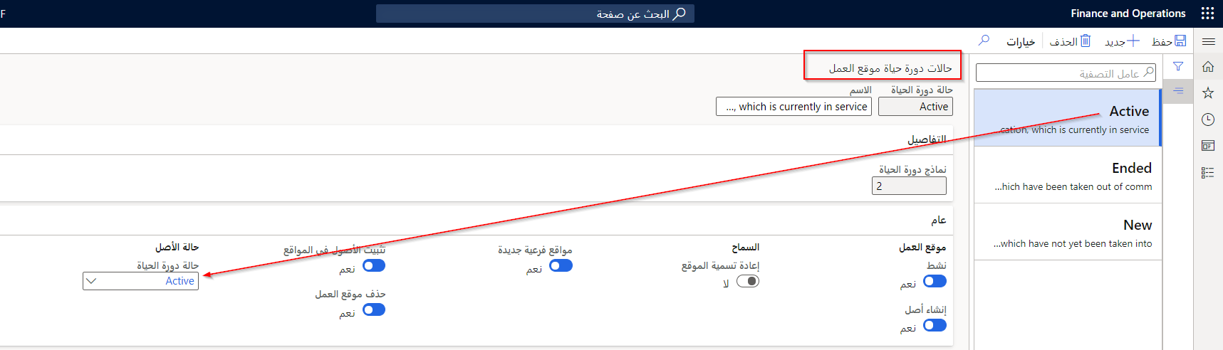 لقطَةُ شَاشَةٍ لصفحة حالات الأصول تعرض حالة دورة الحيَاة 