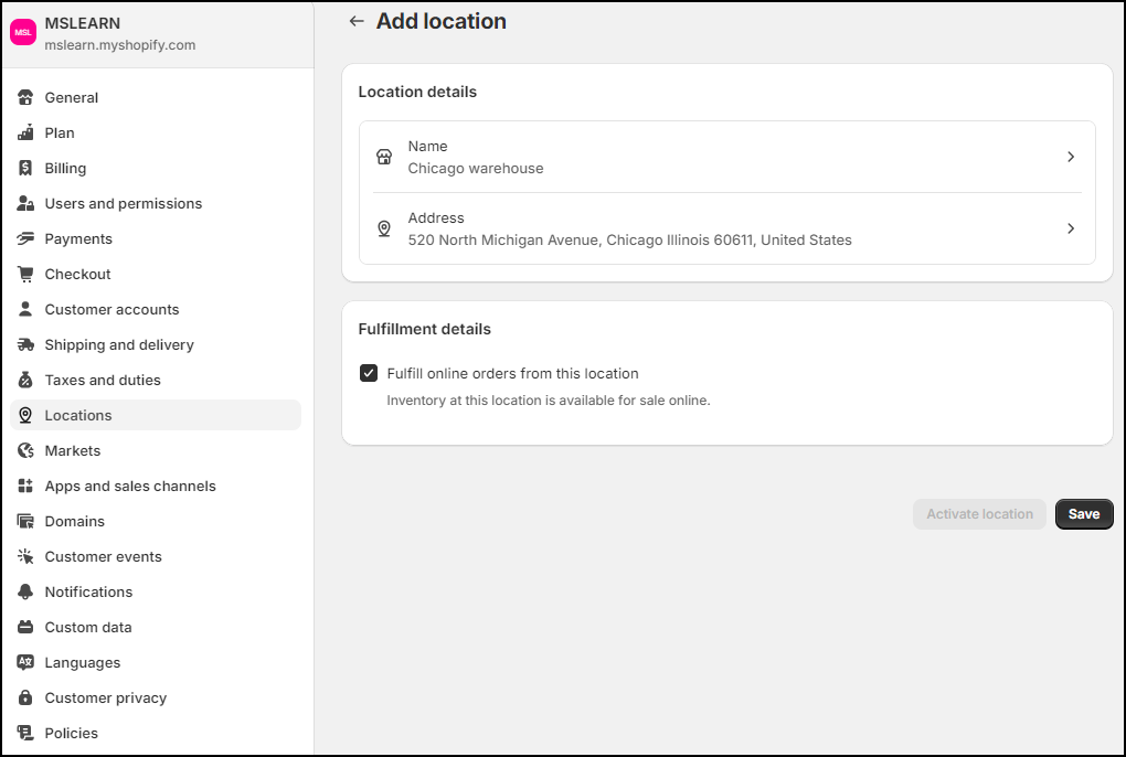 Screenshot showing Shopify location details.