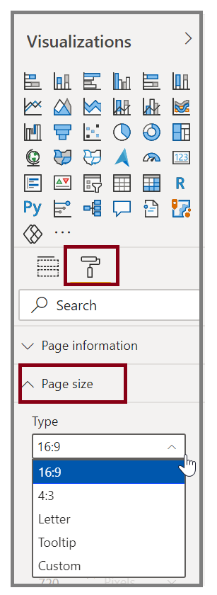 صورة خيارات "حجم الصفحة" ضمن جزء "المرئيات".