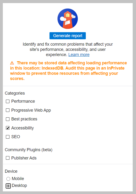 لقطة شاشة لأداة Lighthouse مع تحديد Accessibility فقط ضمن Categories وتحديد Desktop لـ Device.