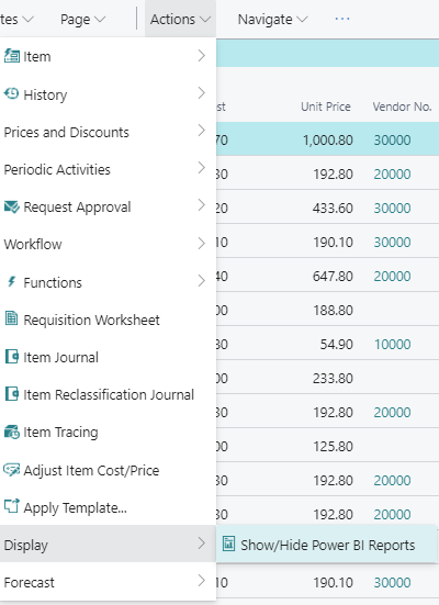 Screenshot of the Show/Hide Power BI reports feature on the Item List page under Actions Display.