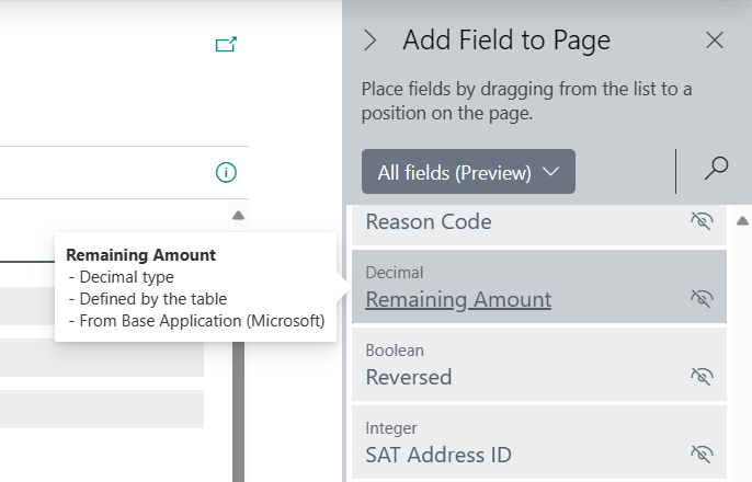 Screenshot of the add field to page pane.
