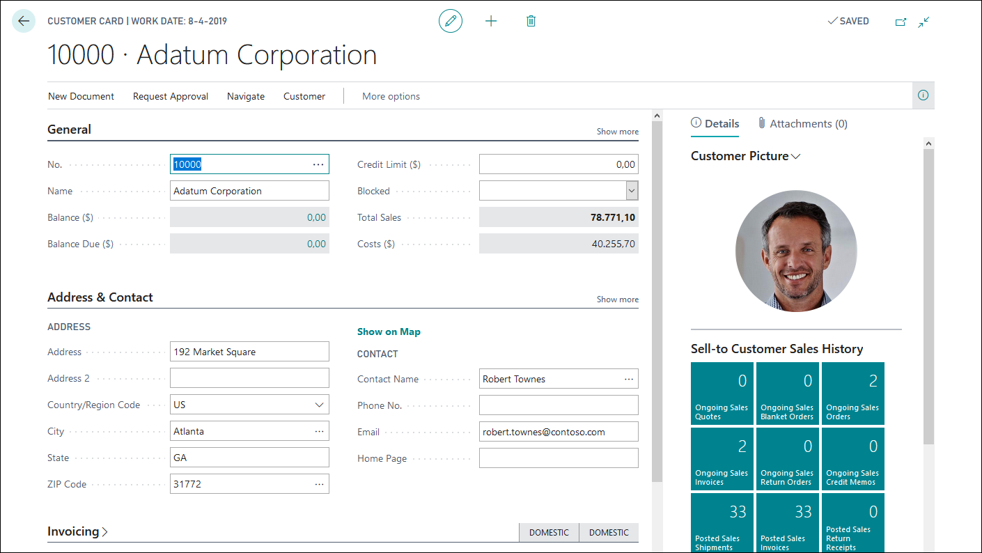 Screenshot of a sample Card page in Business Central.