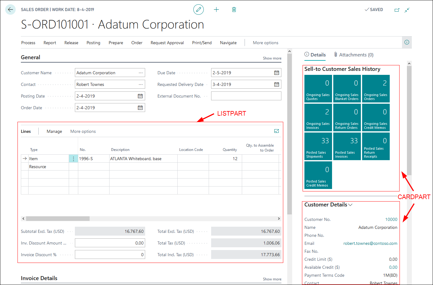 Screenshot showing a sample CardPart and ListPart on a page.