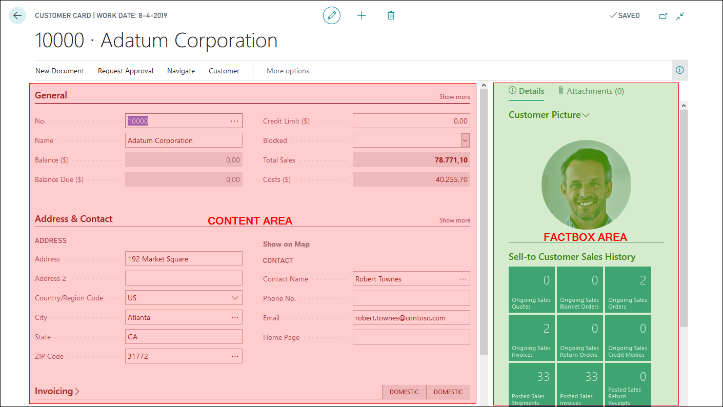 Screenshot showing the Content and FactBox areas of a page.