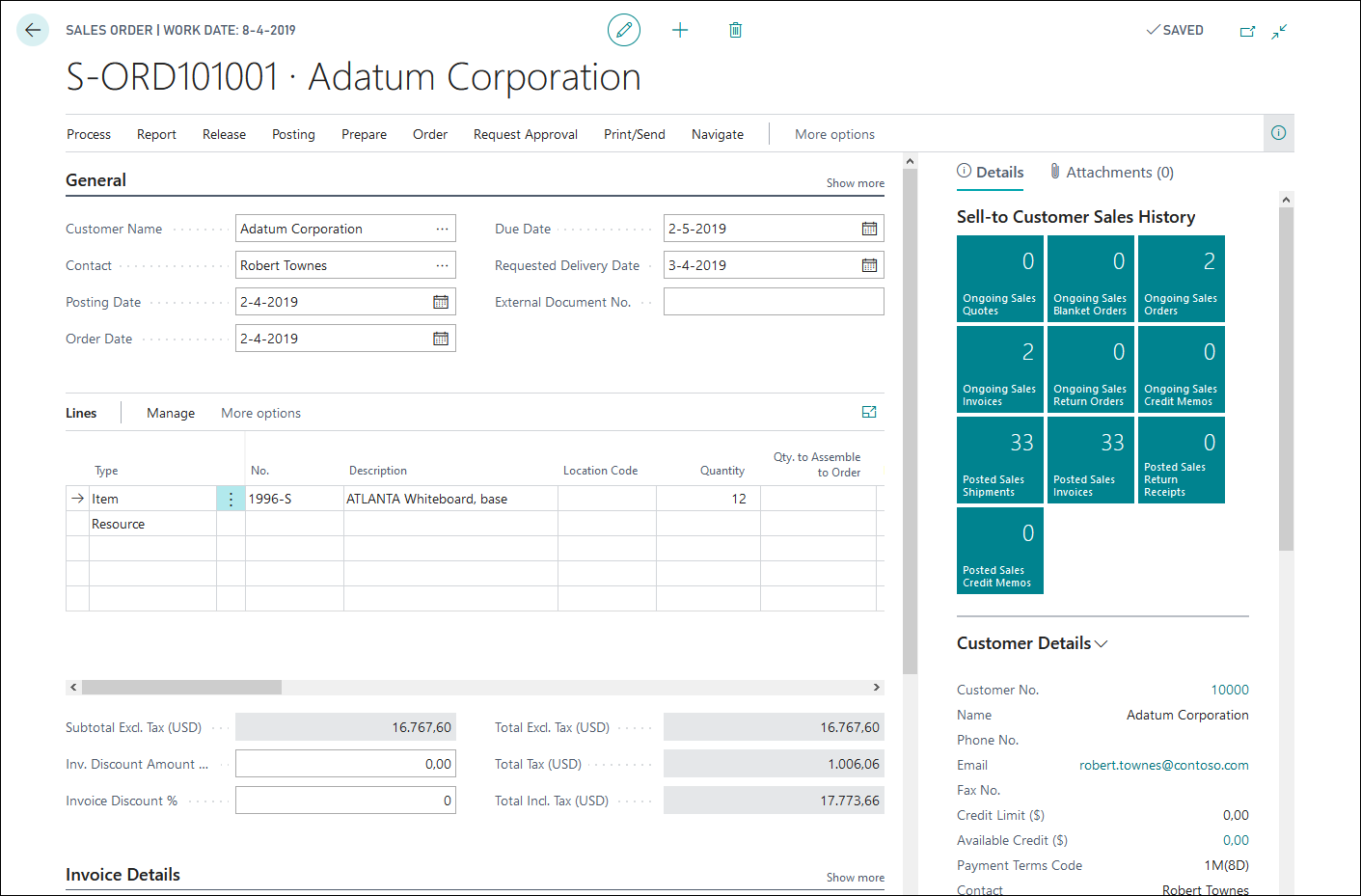 Screenshot of a sample Document page in Business Central.