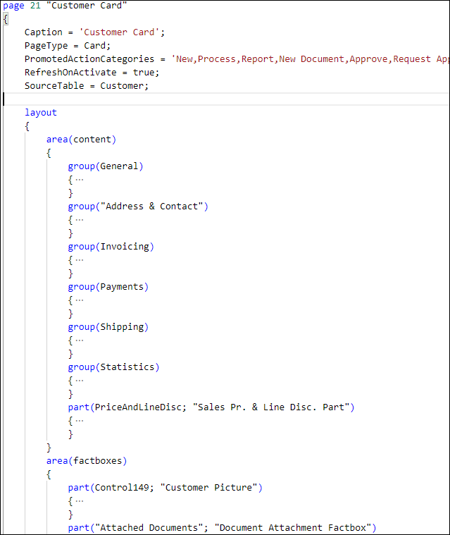 Screenshot showing how groups on a Card page are used to create FastTabs in AL.