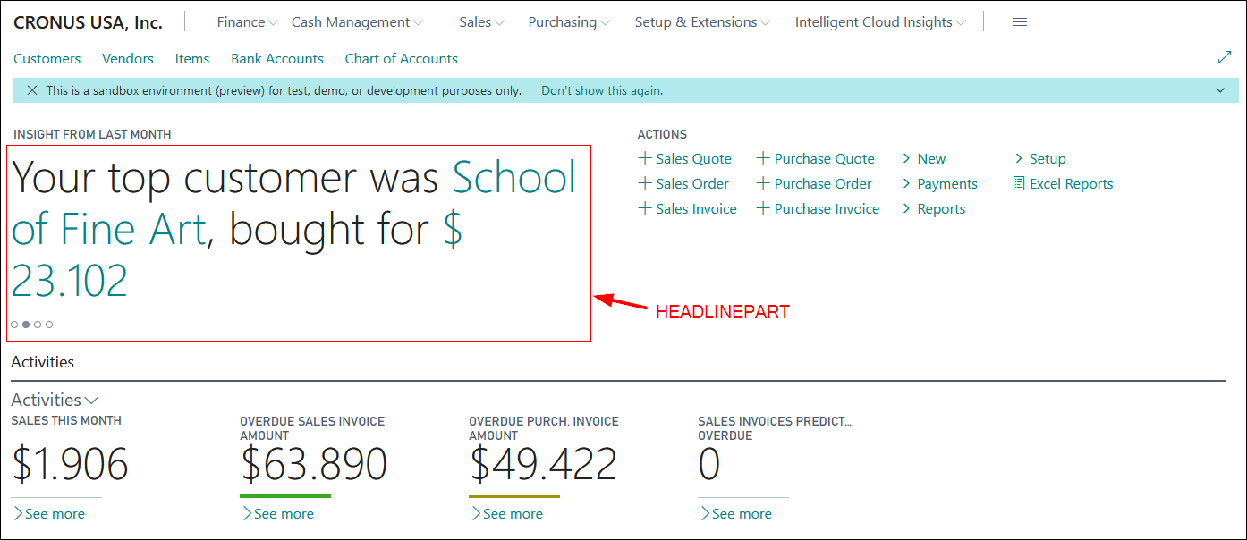 Screenshot of a sample HeadlinePart page in Business Central.