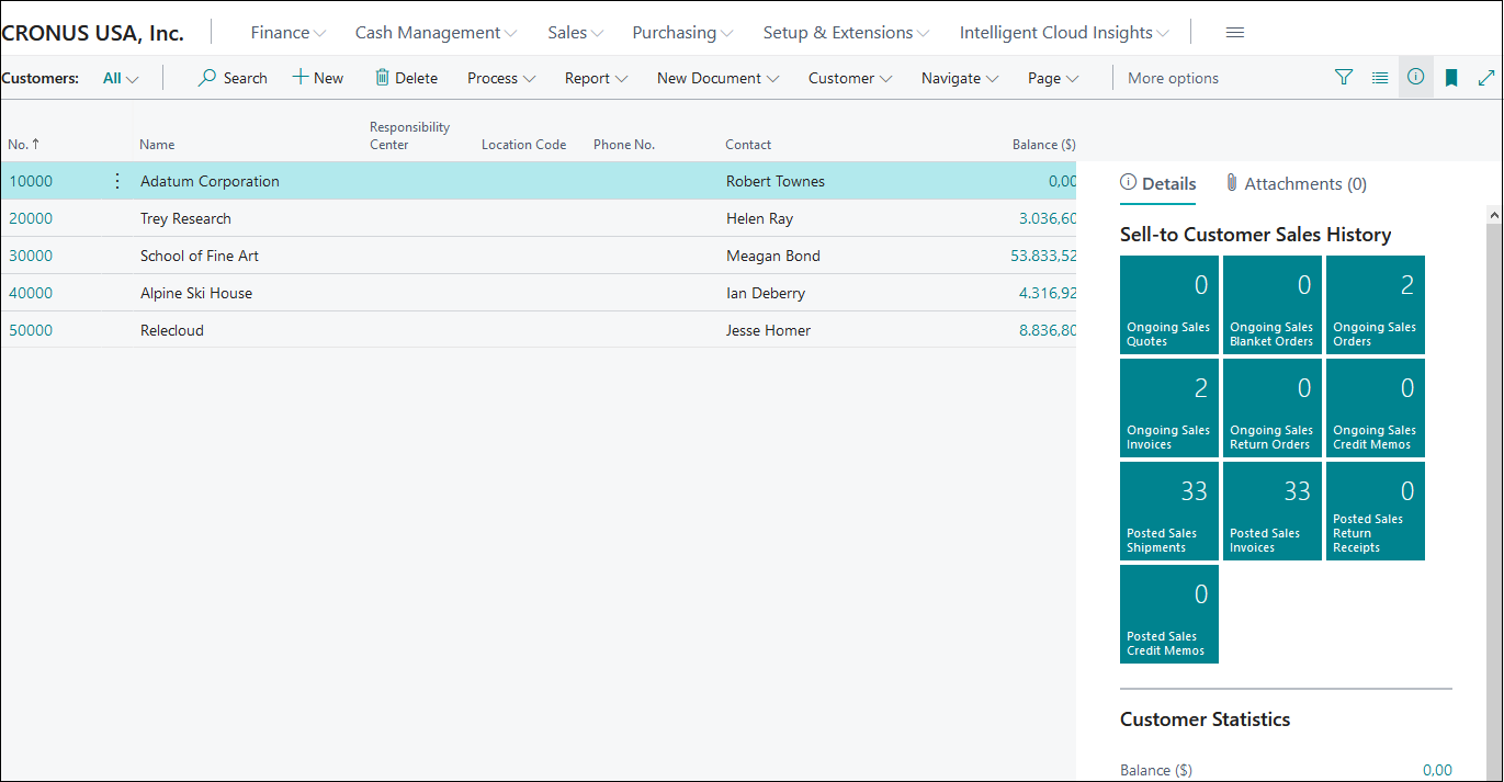 Screenshot of a sample List page in Business Central.