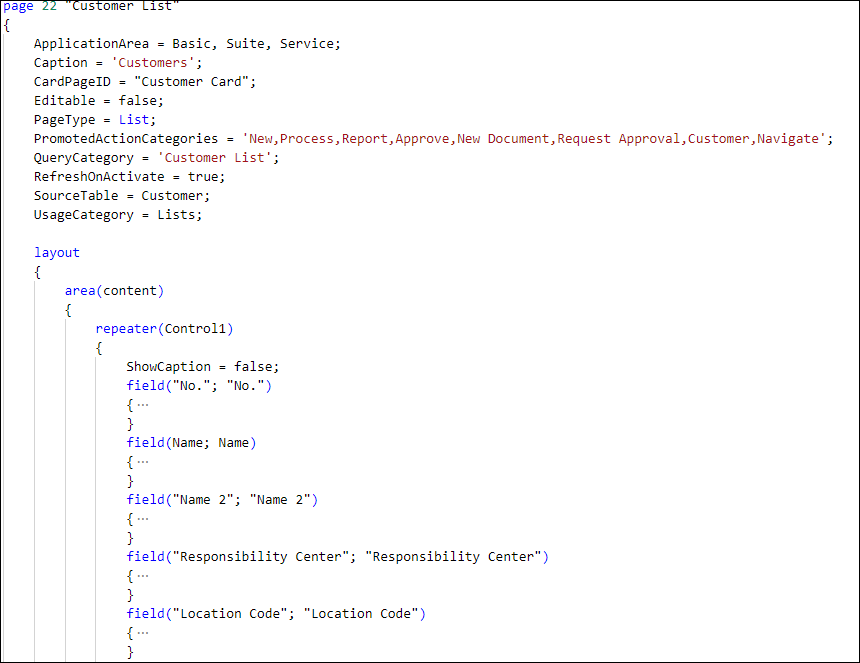 Screenshot showing how to create a Repeater on a List page in AL.