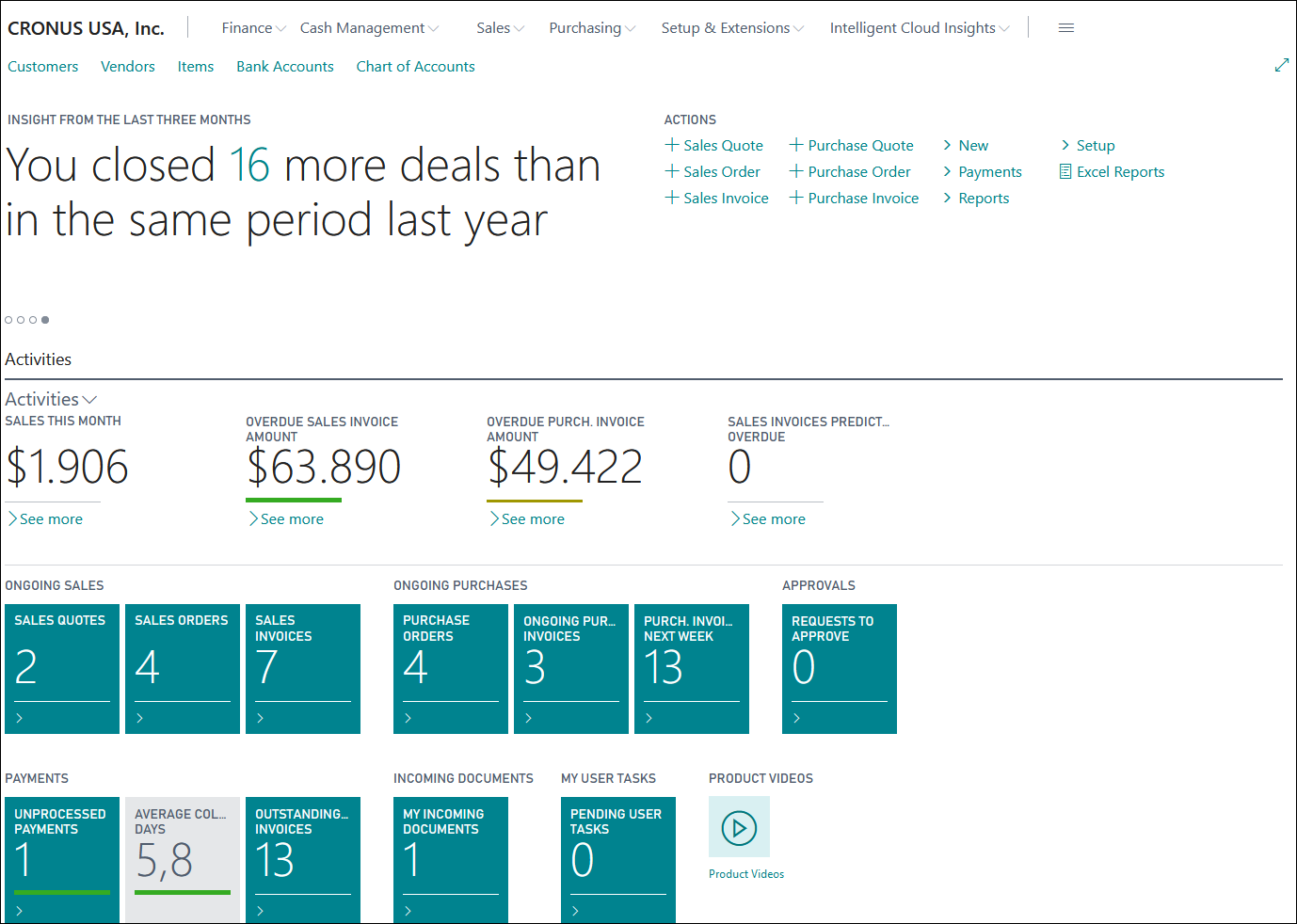 Screenshot of a sample RoleCenter page in Business Central.