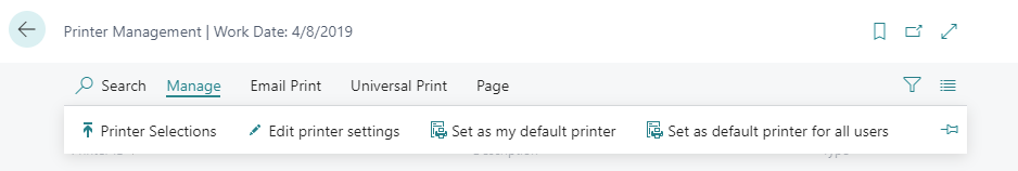 Screenshot of the Manage tab options on the Printer Management page.