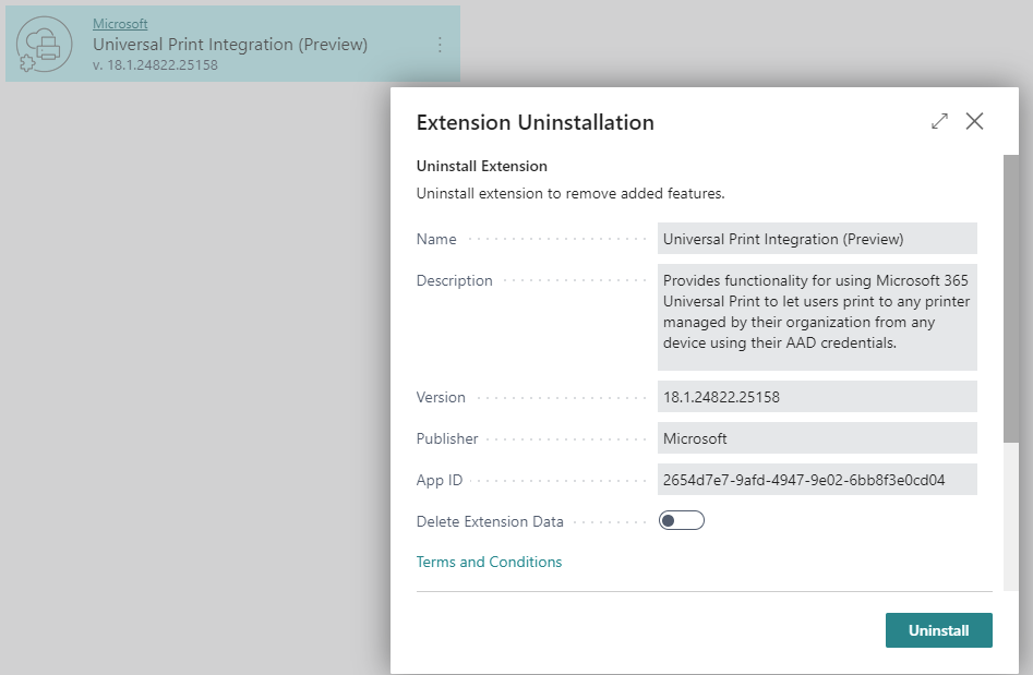 Screenshot of the Extension Uninstallation window.