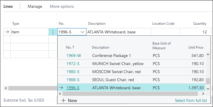 Screenshot of a sales line linked to item table.