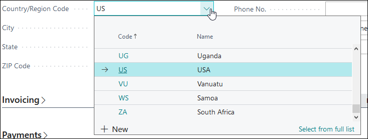 Screenshot of the TableRelation property drop down menu.