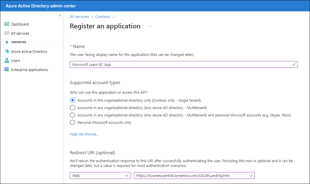Screenshot of the Register an application page.